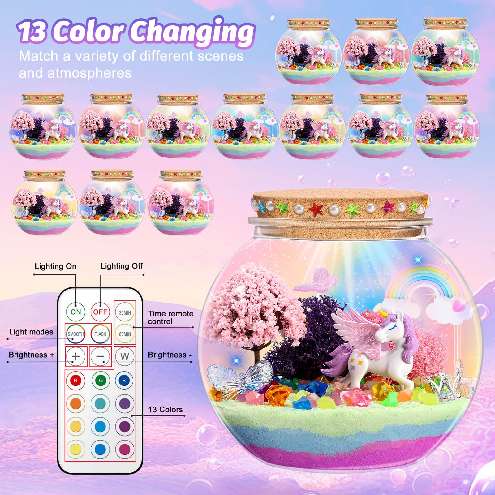 Unicorn DIY arts and crafts kit components neatly arranged including sand, moss, crystals, and remote control.
