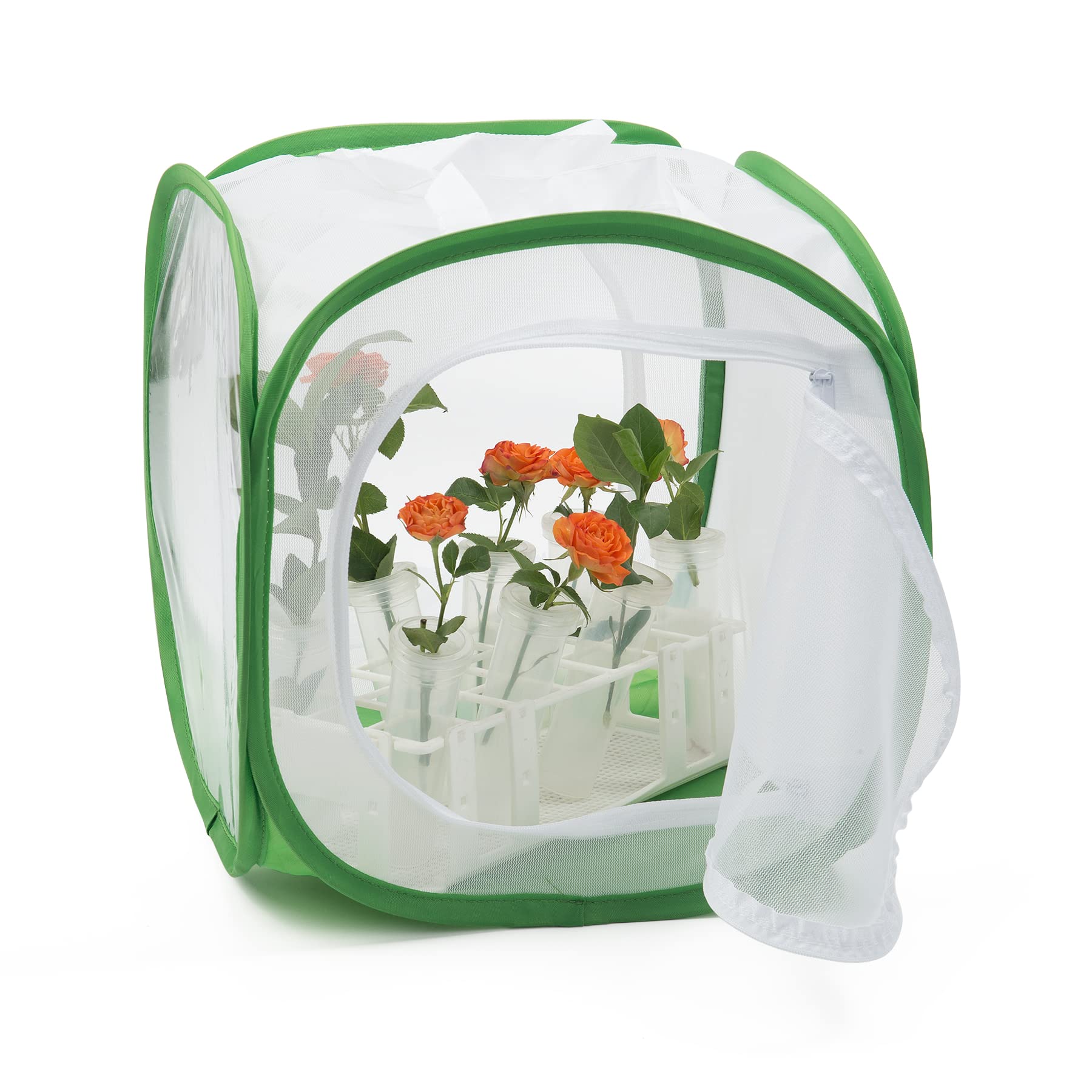 Dual door zipper openings on the RESTCLOUD butterfly enclosure demonstrating easy access.