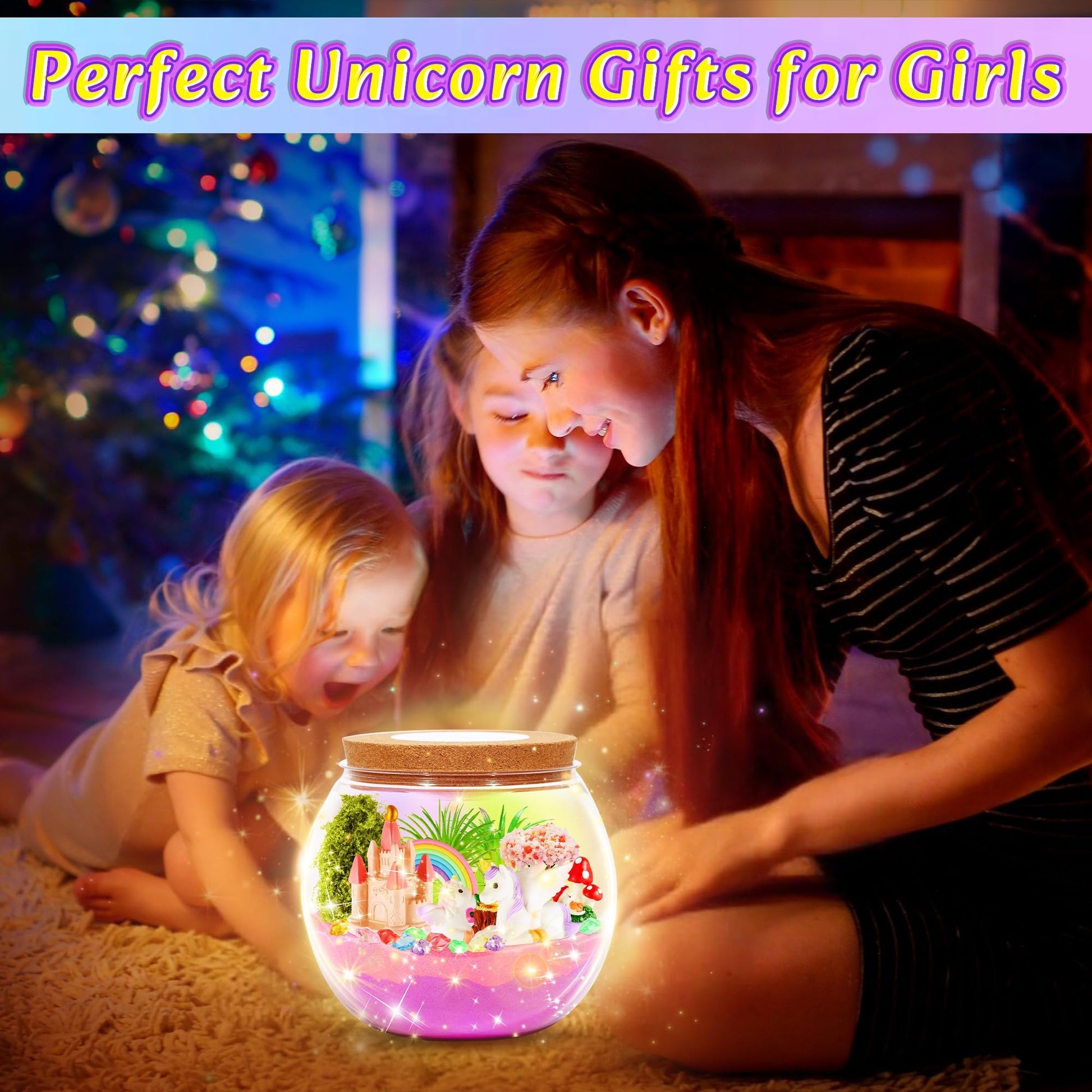 Kids craft set contents featuring colorful sand crystals and mini unicorn