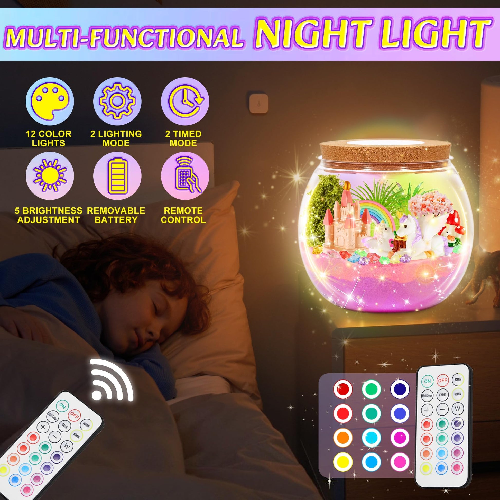 Assembled unicorn light up jar glowing in a dark bedroom setting