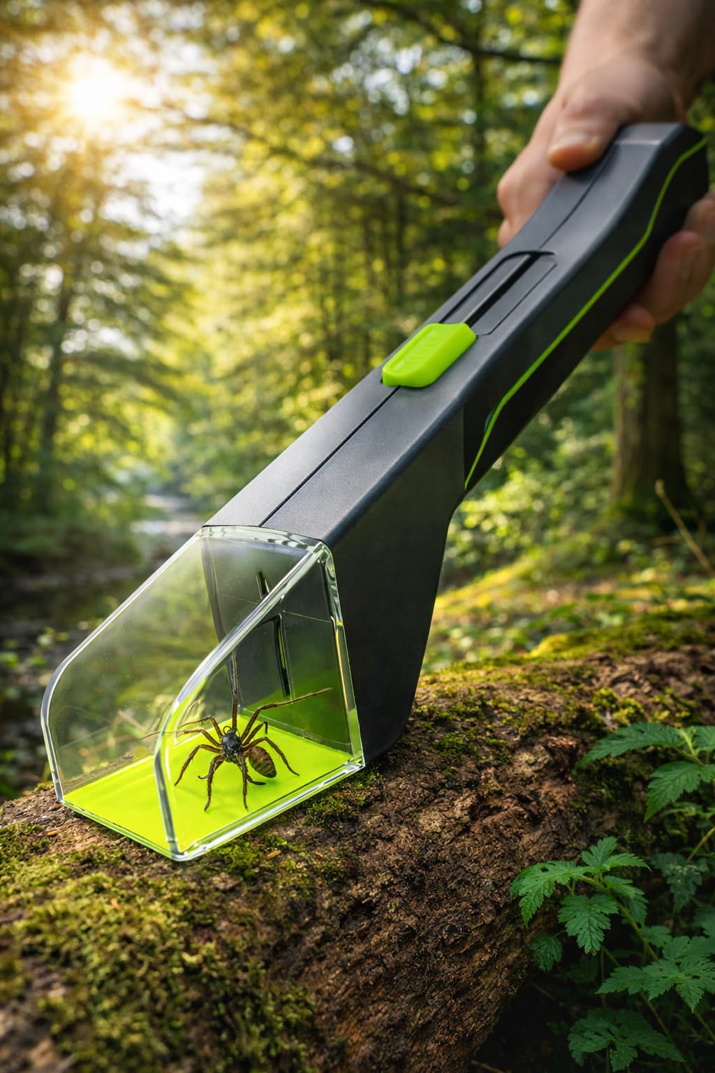 Contactless spider catcher with green sliding closure mechanism close up