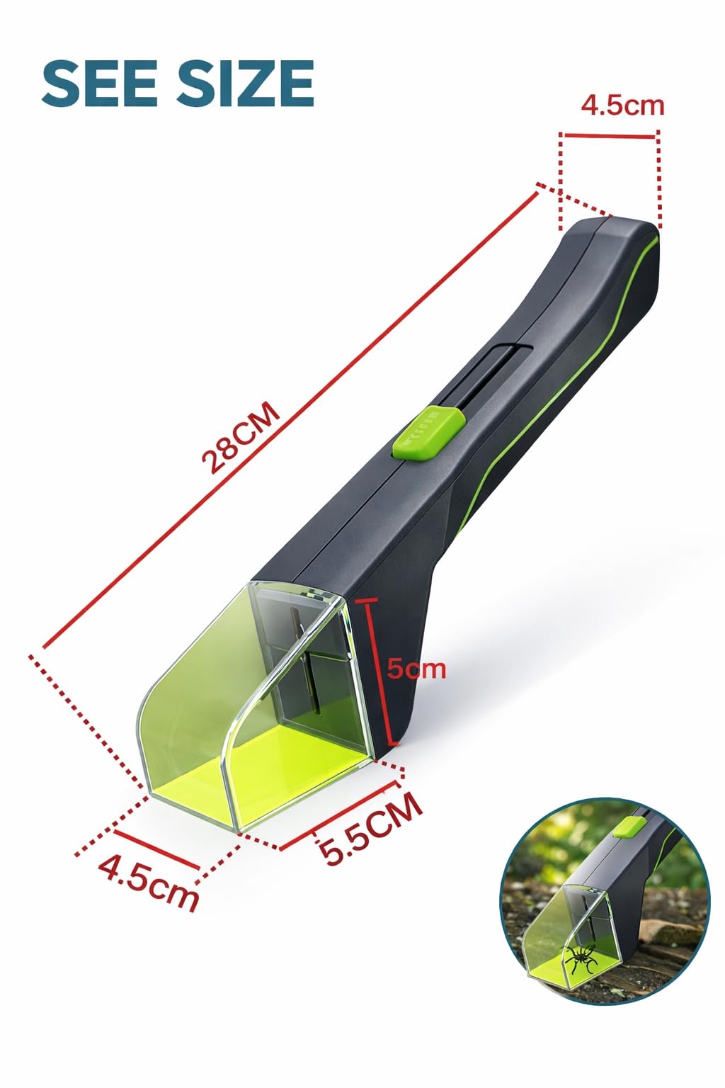 Lightweight eleven inch long live bug trap being held by a user