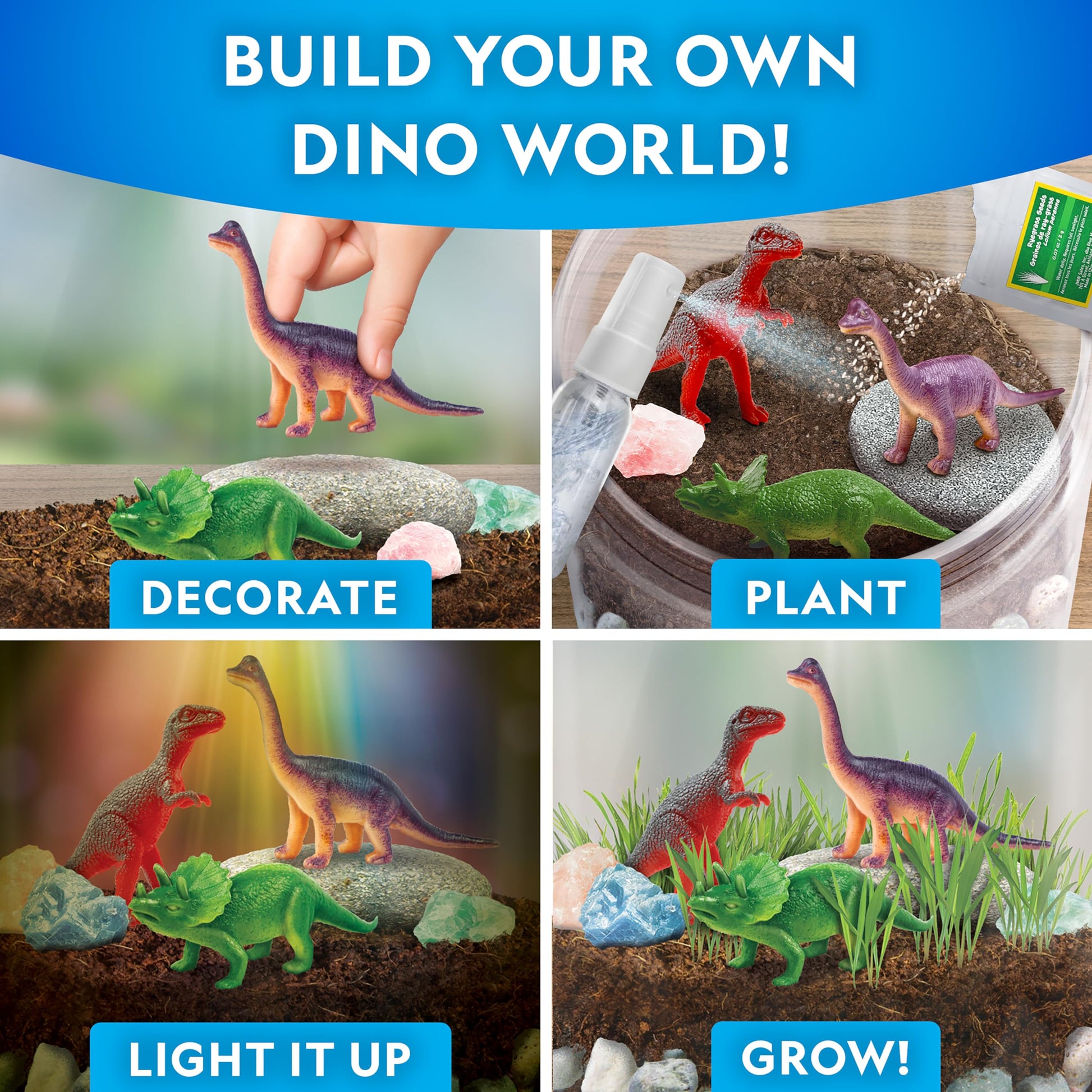 Blue Marble dinosaur habitat science toy with real green plants growing inside the jar.
