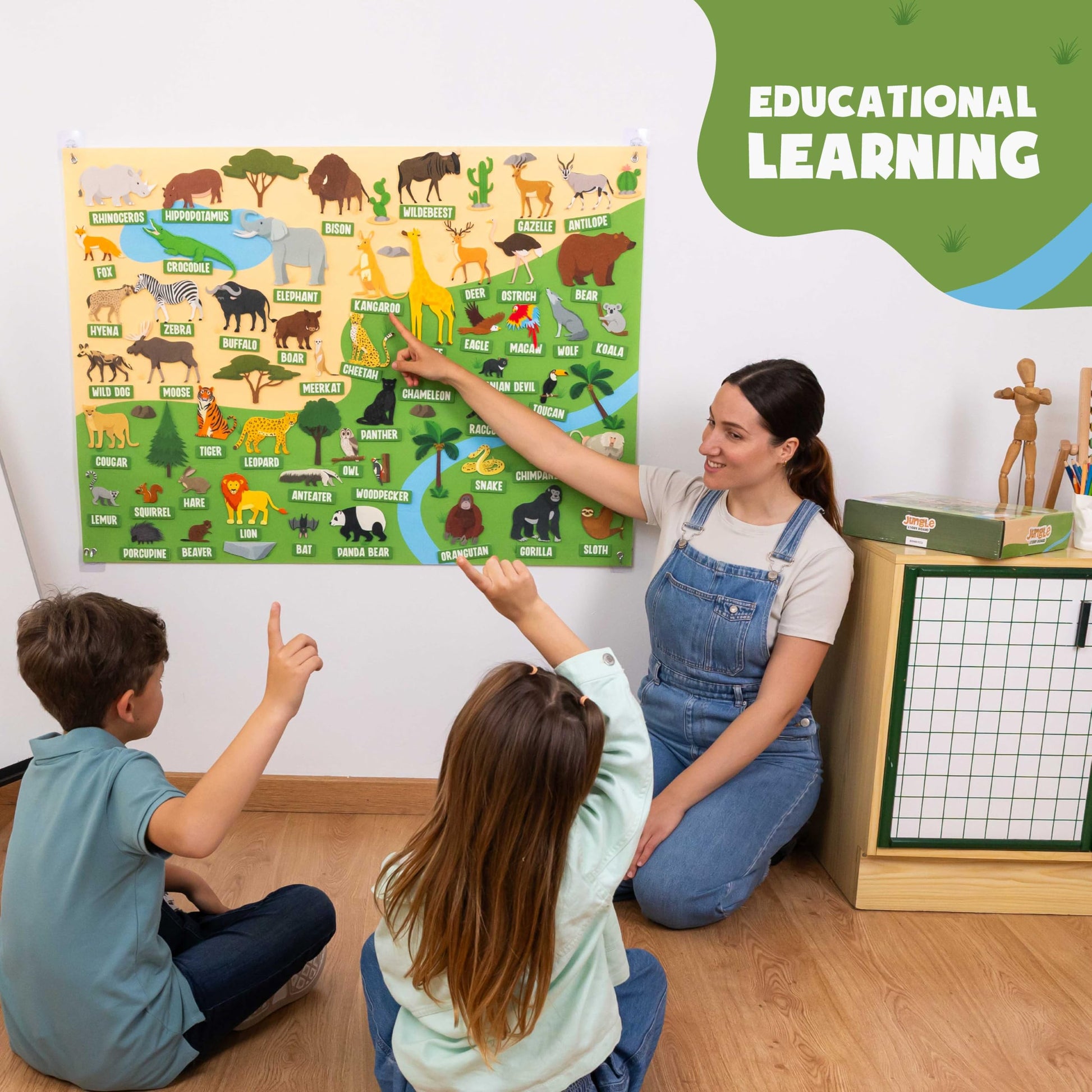 BONNYCO Montessori sensory story board hanging flat on a children play area wall.