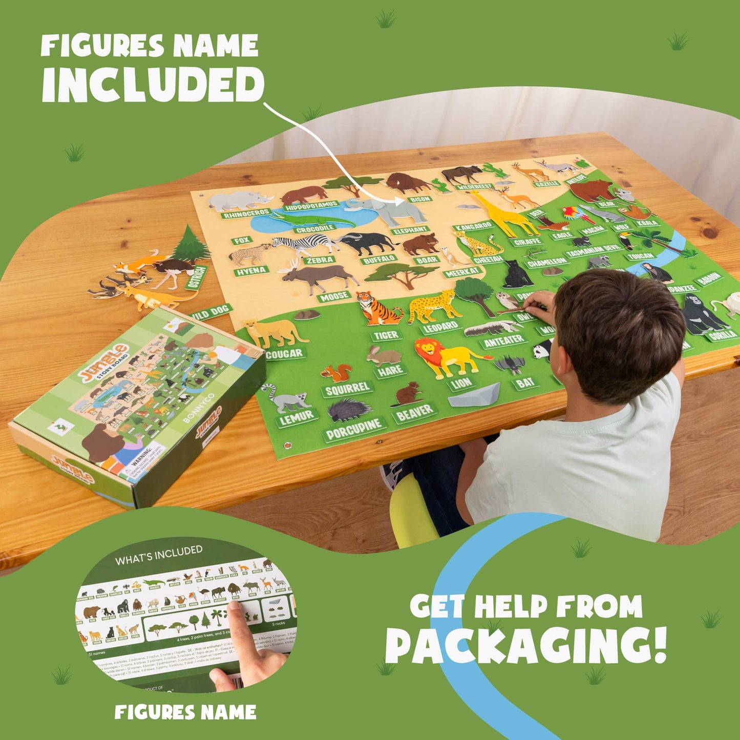 Complete contents of the one hundred and sixteen piece jungle animal toy kit.