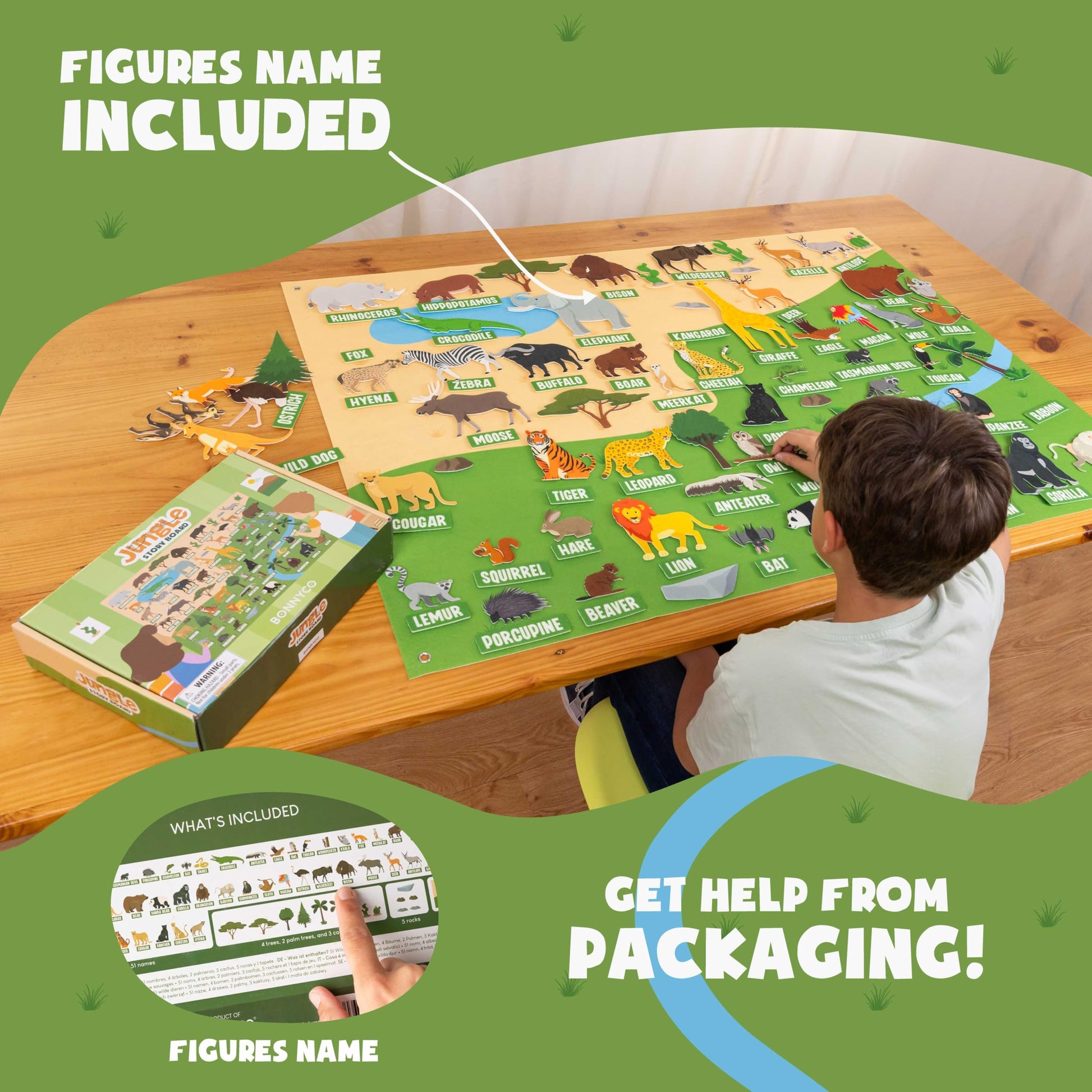 Complete contents of the one hundred and sixteen piece jungle animal toy kit.