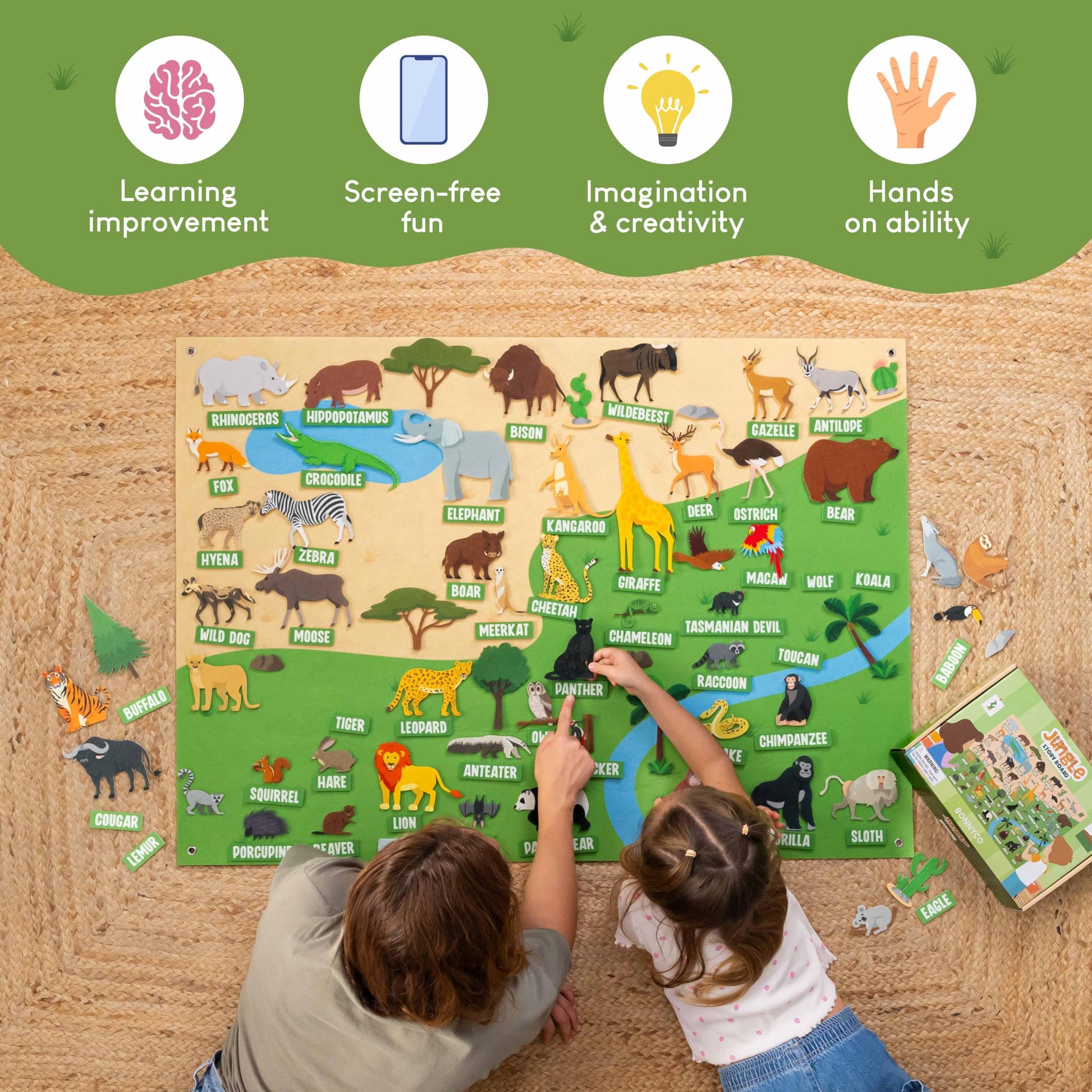 Toddler matching English vocabulary name labels next to wild animals on the felt display.