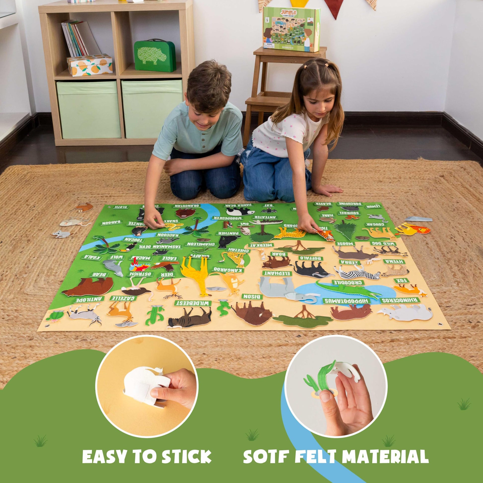 Reinforced metal hooks holding the large green safari felt background securely.