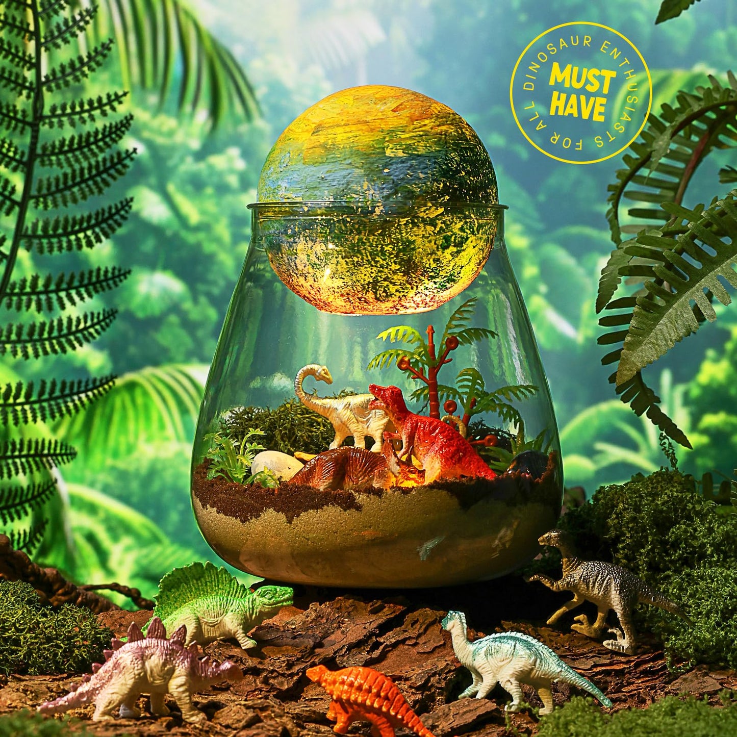 LAOESE pre-historic toy set showing eight detailed dinosaur figurines and paint pots spread out.