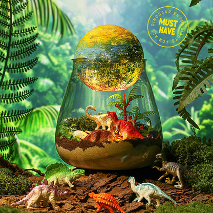 LAOESE pre-historic toy set showing eight detailed dinosaur figurines and paint pots spread out.