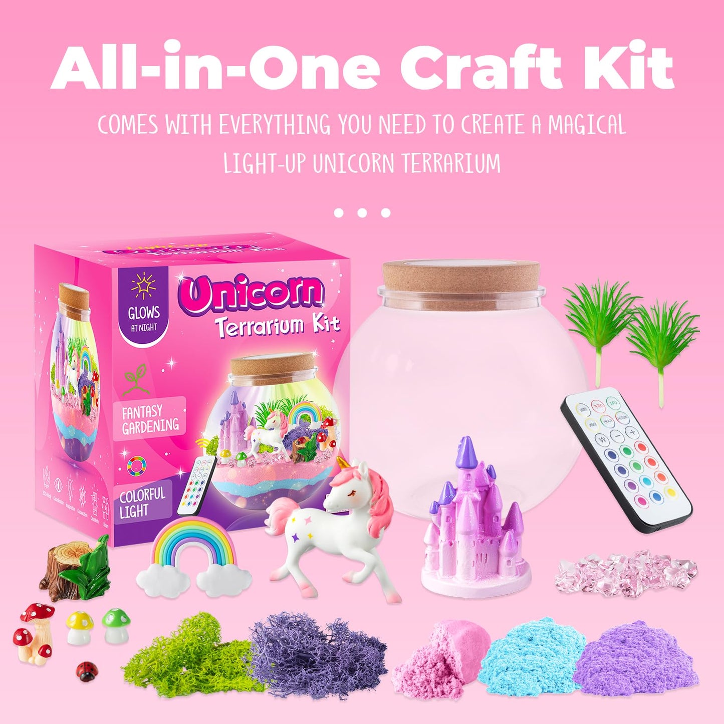 JOYEEMAX DIY arts and crafts kit contents including colorful sand and miniature figurines