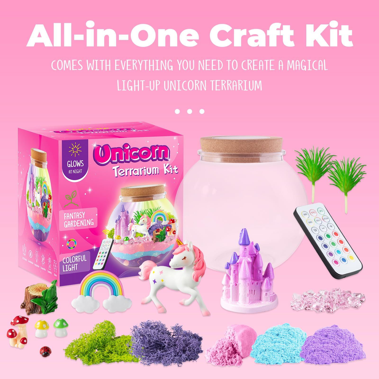 JOYEEMAX DIY arts and crafts kit contents including colorful sand and miniature figurines