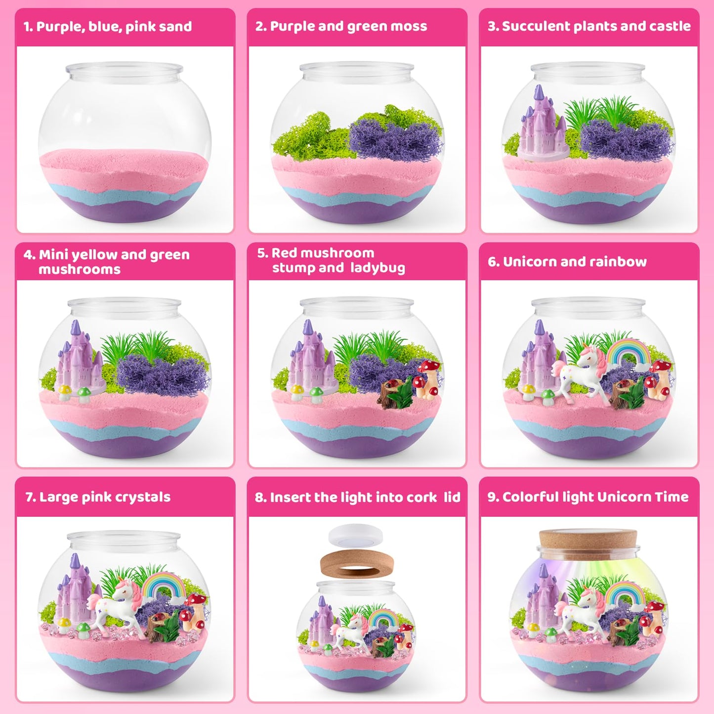 Close up view of the magical castle and rainbow pieces inside the completed JOYEEMAX jar