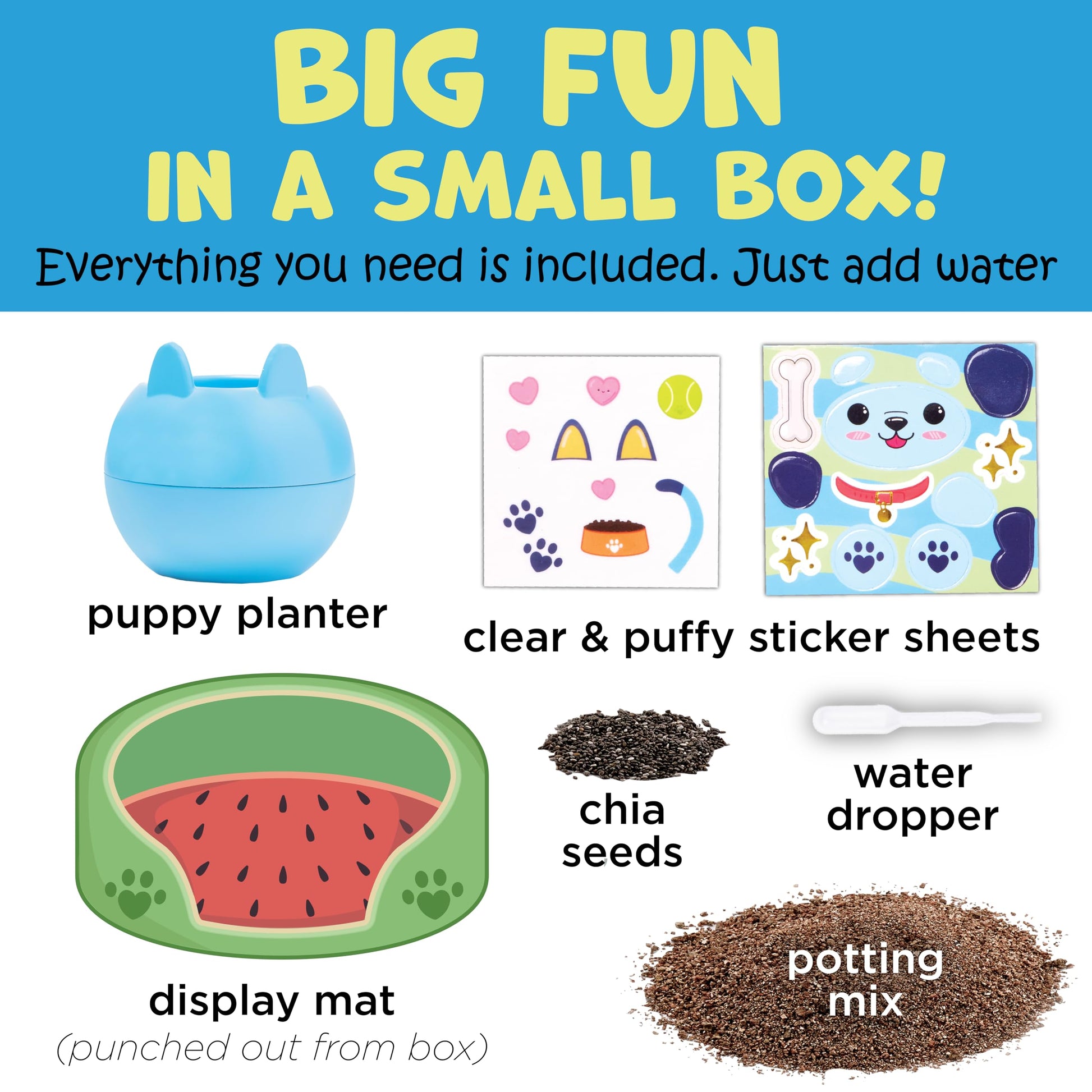 Creativity for Kids Plant-A-Pet Puppy kit contents including potting mix chia seeds and decorating accessories