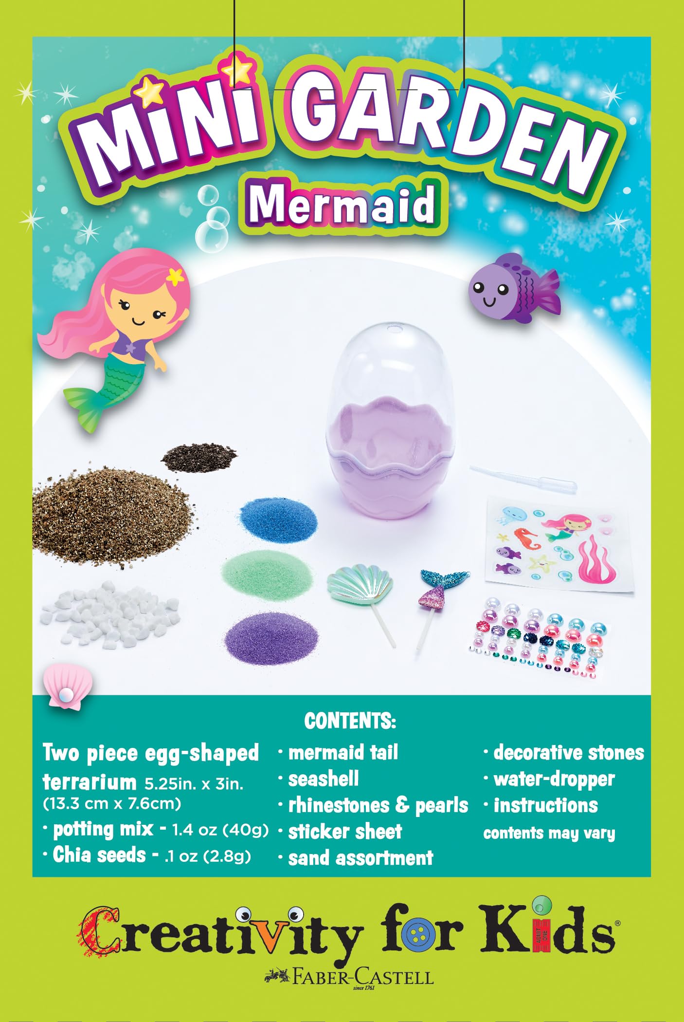 Child decorating an indoor mini garden with mermaid figurines and waterproof stickers