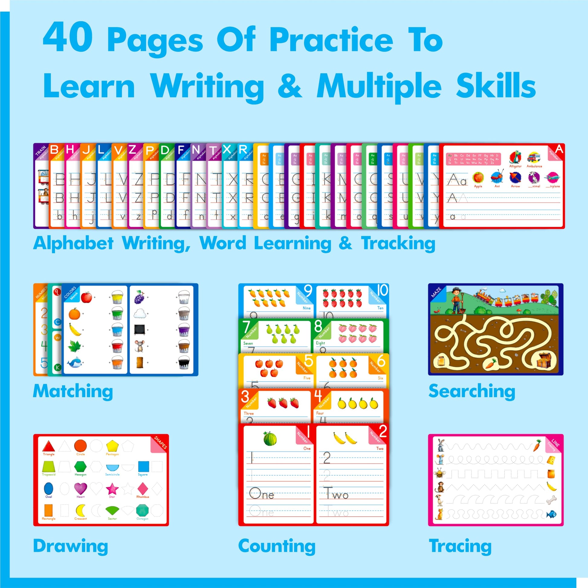 Gethelud dry erase workbook open page demonstrating reusable alphabet and numbers tracing lines