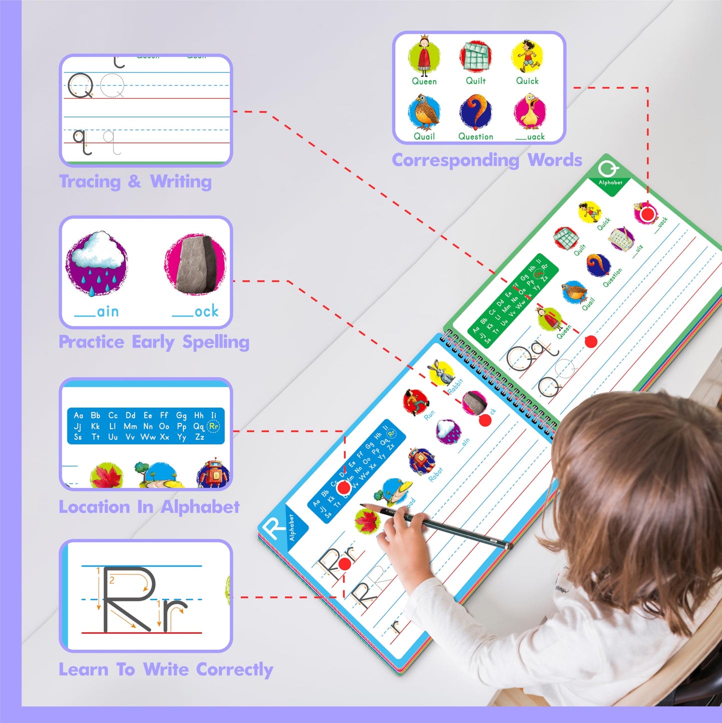 Gethelud line tracing workbook close up view highlighting child safe rounded page edges design