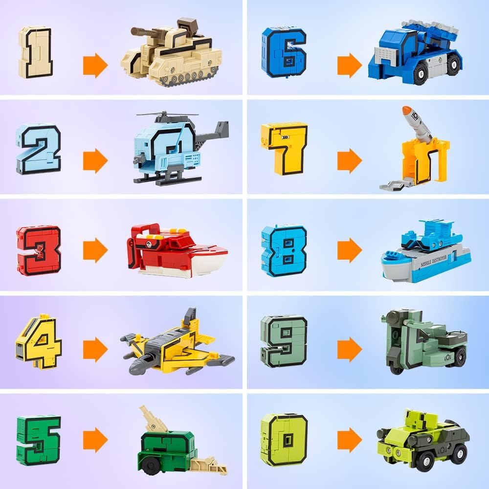 Educational STEM number blocks converting into individual car and airplane vehicles