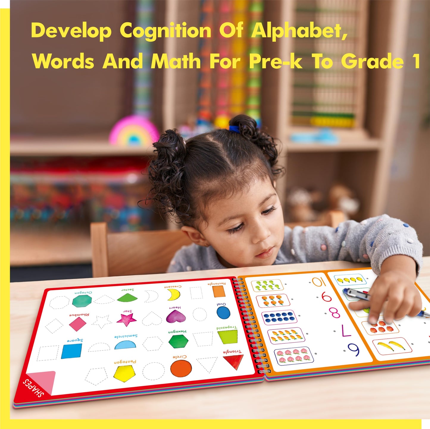Gethelud preschool handwriting notebook showing the durable spiral binding and clean wipe surfaces