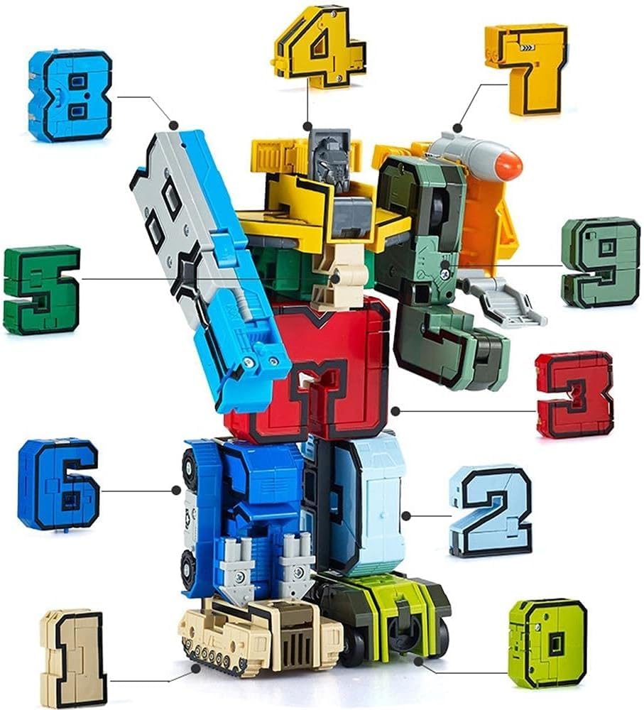 Ten digits and five math symbols combined into one large mega robot figure