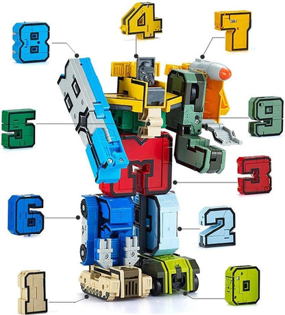 Ten digits and five math symbols combined into one large mega robot figure