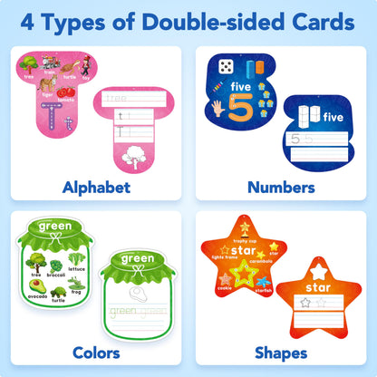 Waterproof PET laminated alphabet flashcards with colored dry erase markers and eraser caps