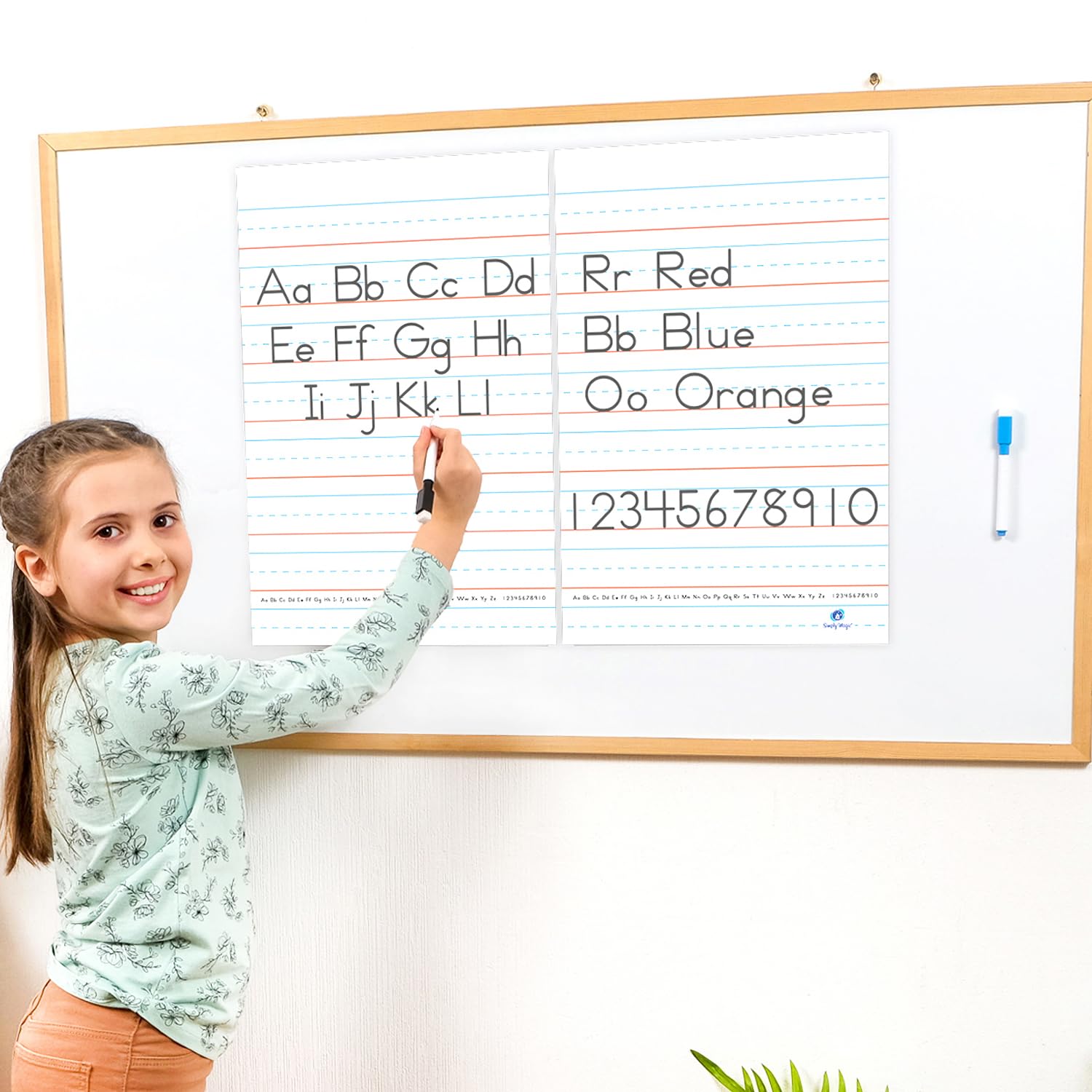 Close up view of the durable dry erase laminated surface of the giant notebook paper poster showing the printed reference alphabet.