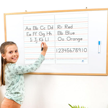 Close up view of the durable dry erase laminated surface of the giant notebook paper poster showing the printed reference alphabet.