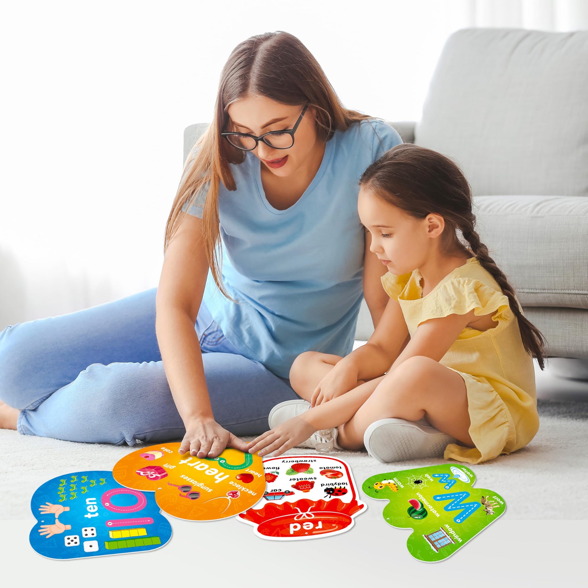 Early education kit packaging with fifty five pieces of double sided durable learning posters