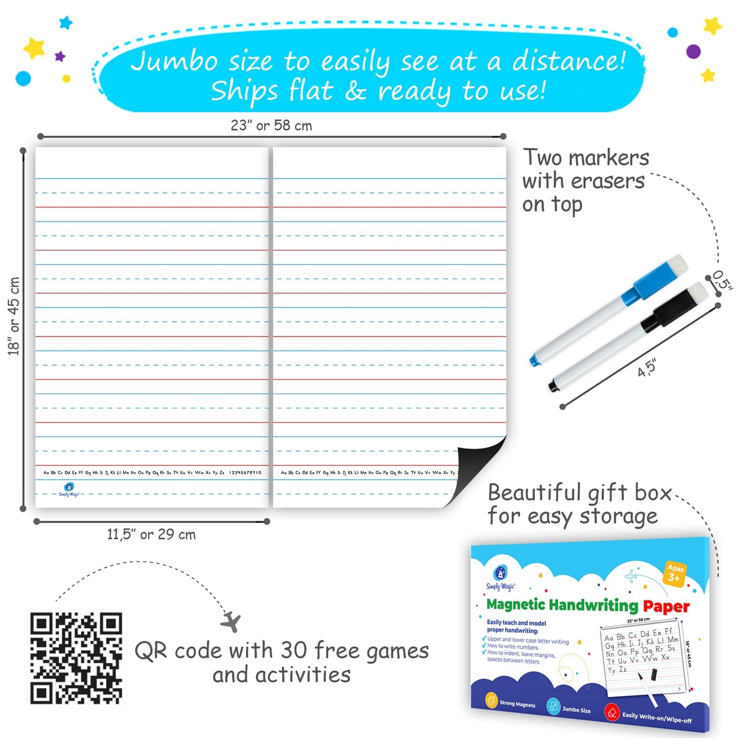 Teacher using a dry erase marker to demonstrate letter spacing on the Simply Magic jumbo magnetic chart.