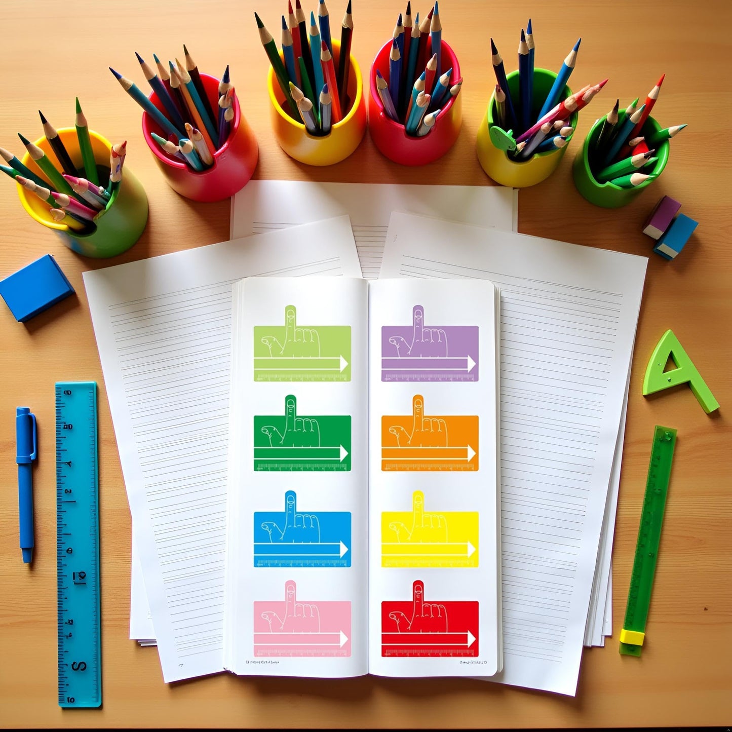 Galepromot rectangular word spacing guide being used by a child to write a sentence neatly on lined paper.