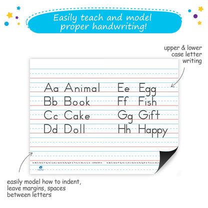Early learners practicing penmanship on the reusable giant lined dry erase board in a bright homeschool setting.
