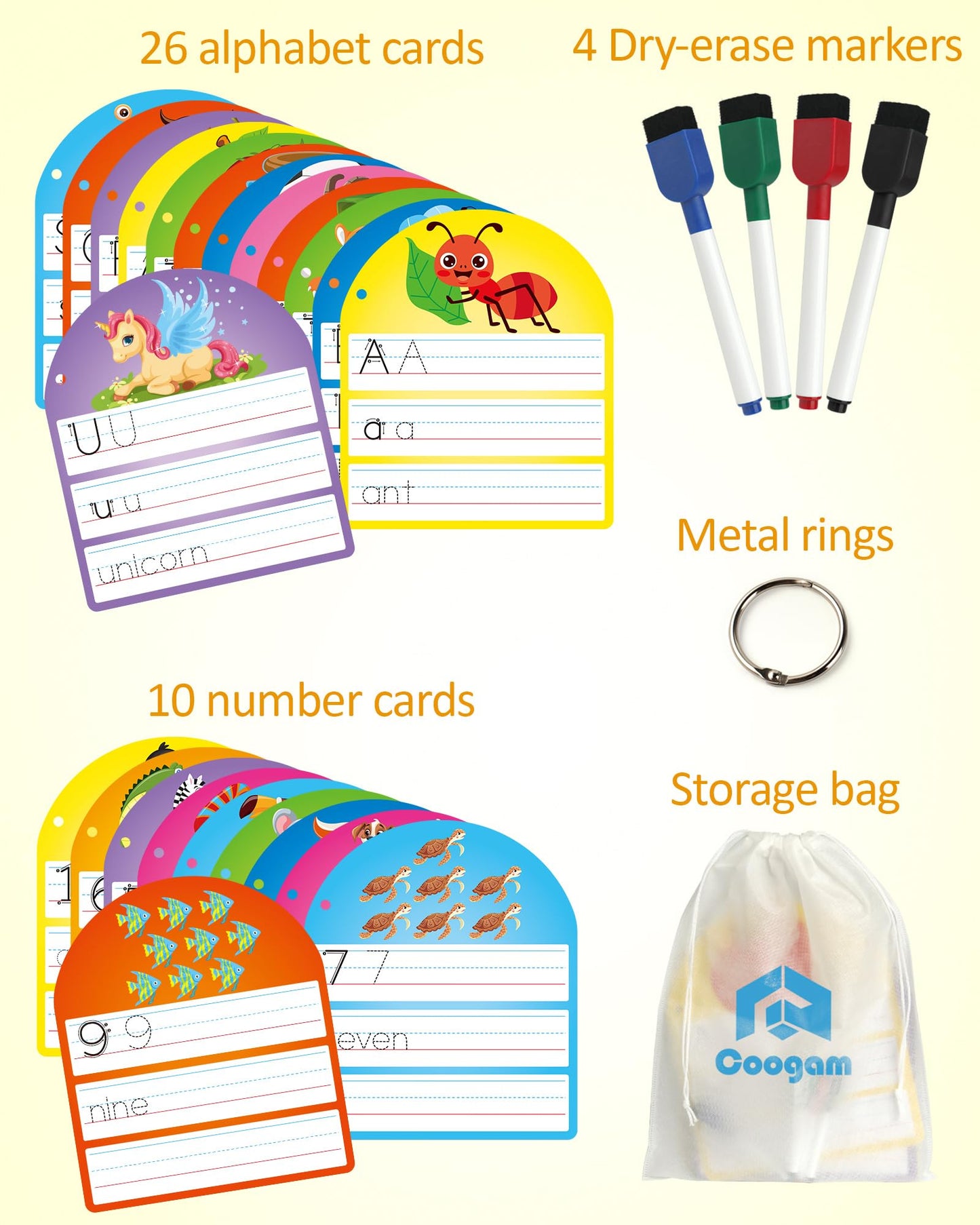 Coogam 36 piece letter and number practice card set with dry erase markers