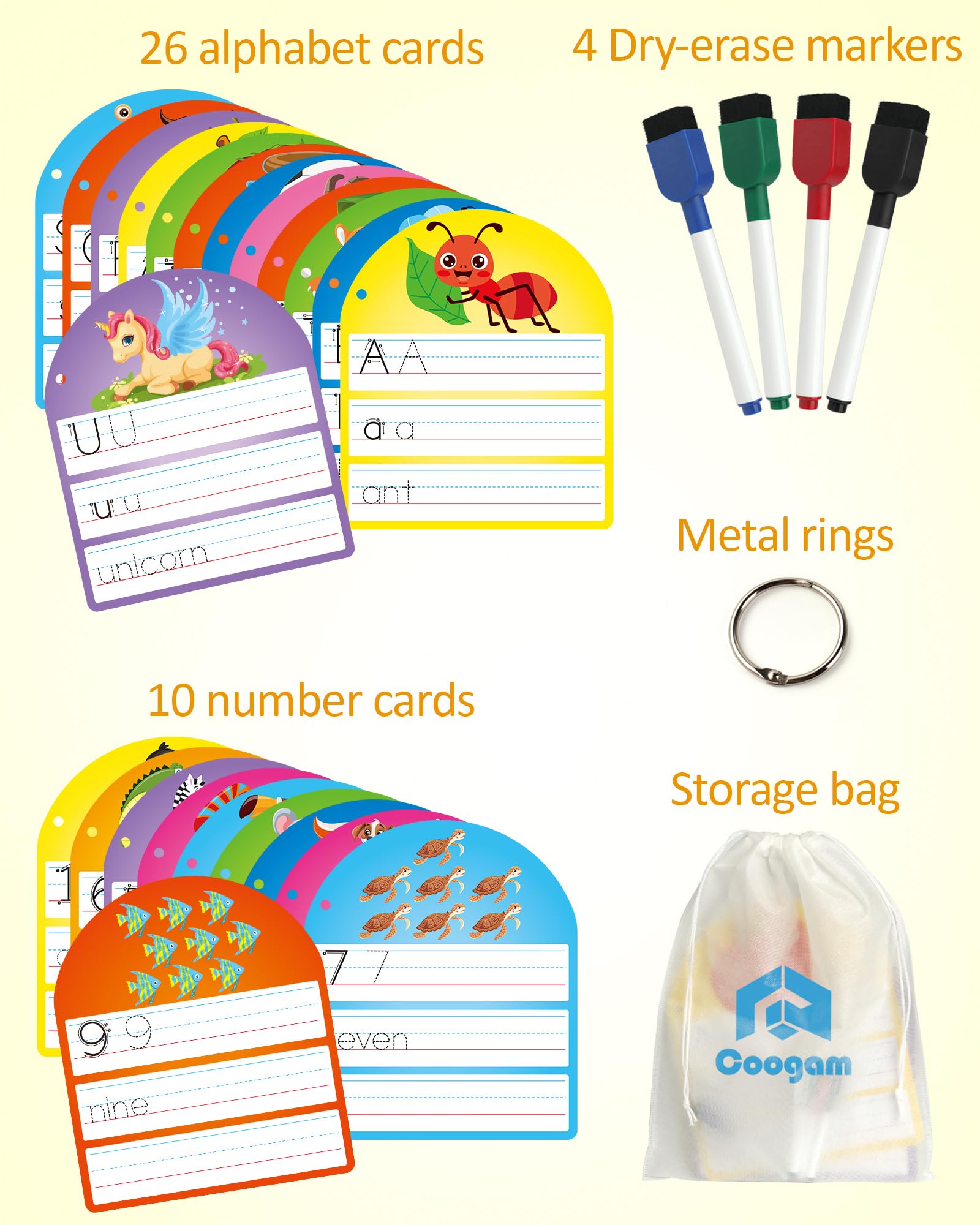 Coogam 36 piece letter and number practice card set with dry erase markers