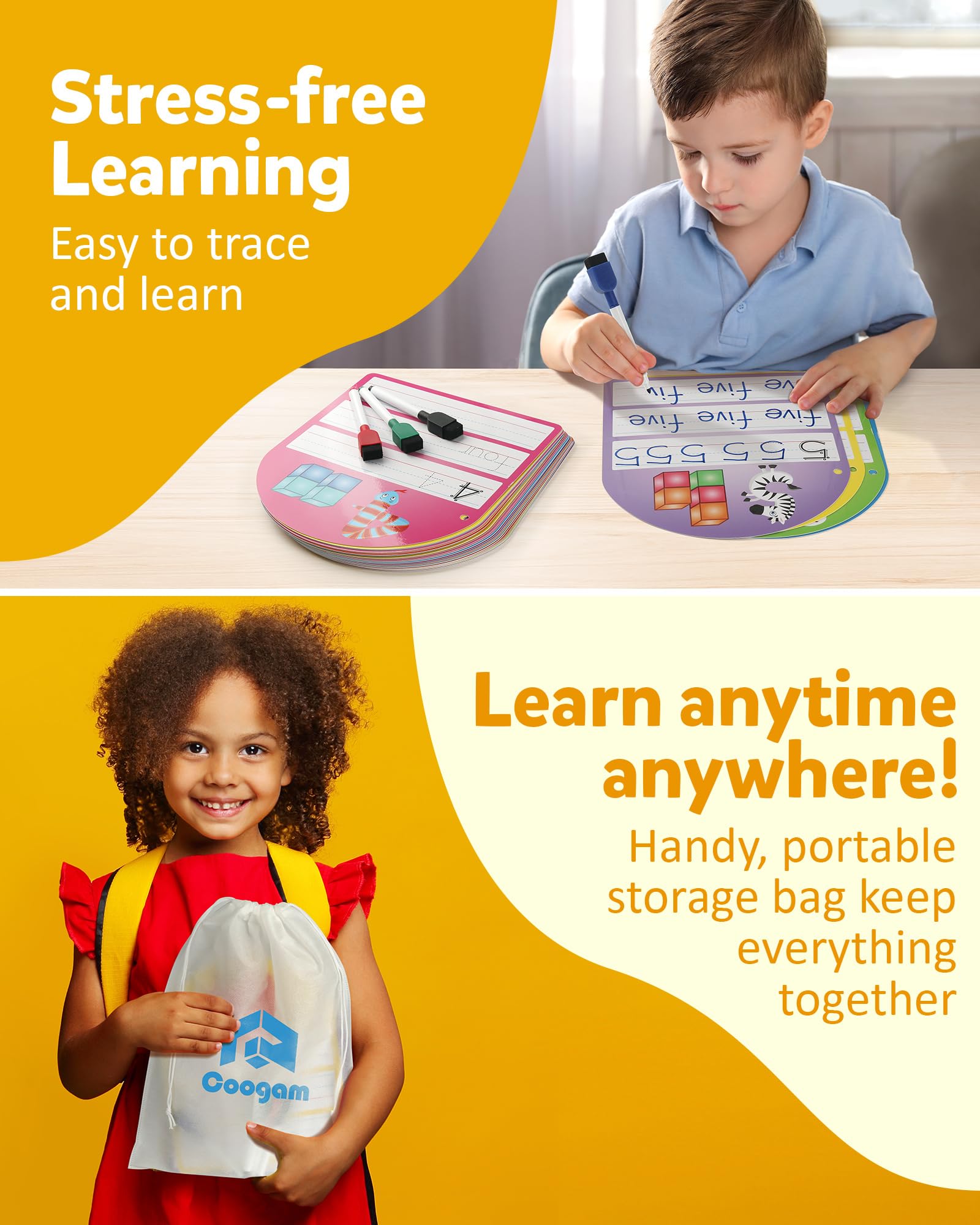 Laminated reusable alphabet flashcards with metal organizational binder ring