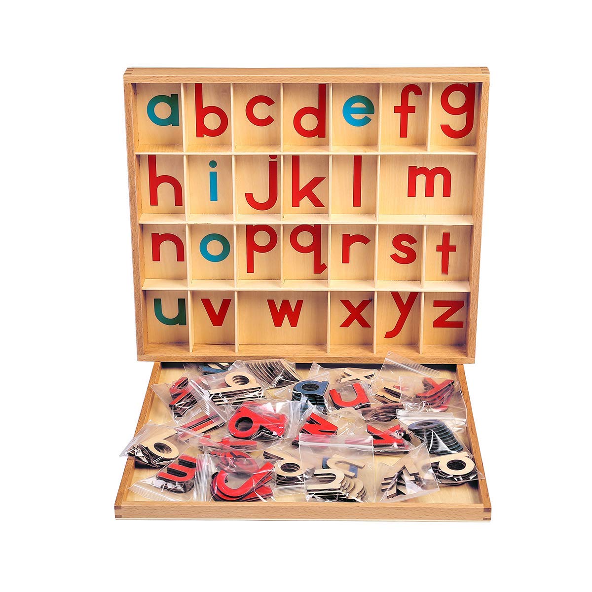 JE JOUE educational spelling materials for toddlers featuring the full alphabet sorting box printed guide graphics