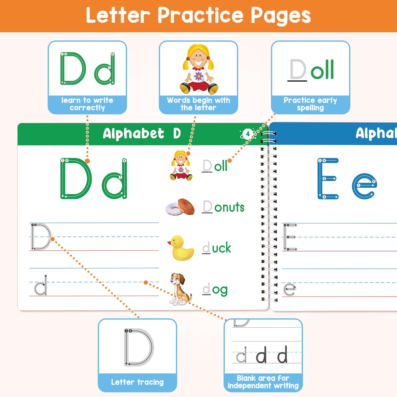 Auchq reusable alphabet tracing practice book open showing letter B and C writing exercises.