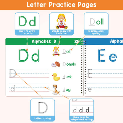 Auchq reusable alphabet tracing practice book open showing letter B and C writing exercises.