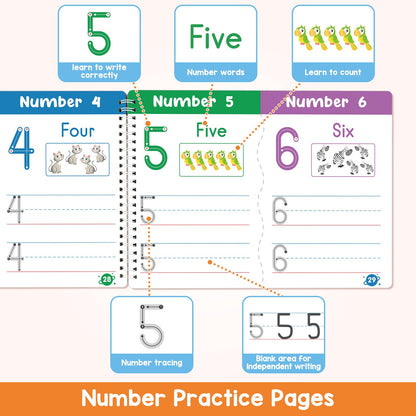 Auchq handwriting practice book set including 8 colored markers, storage bag, and eraser cloth.