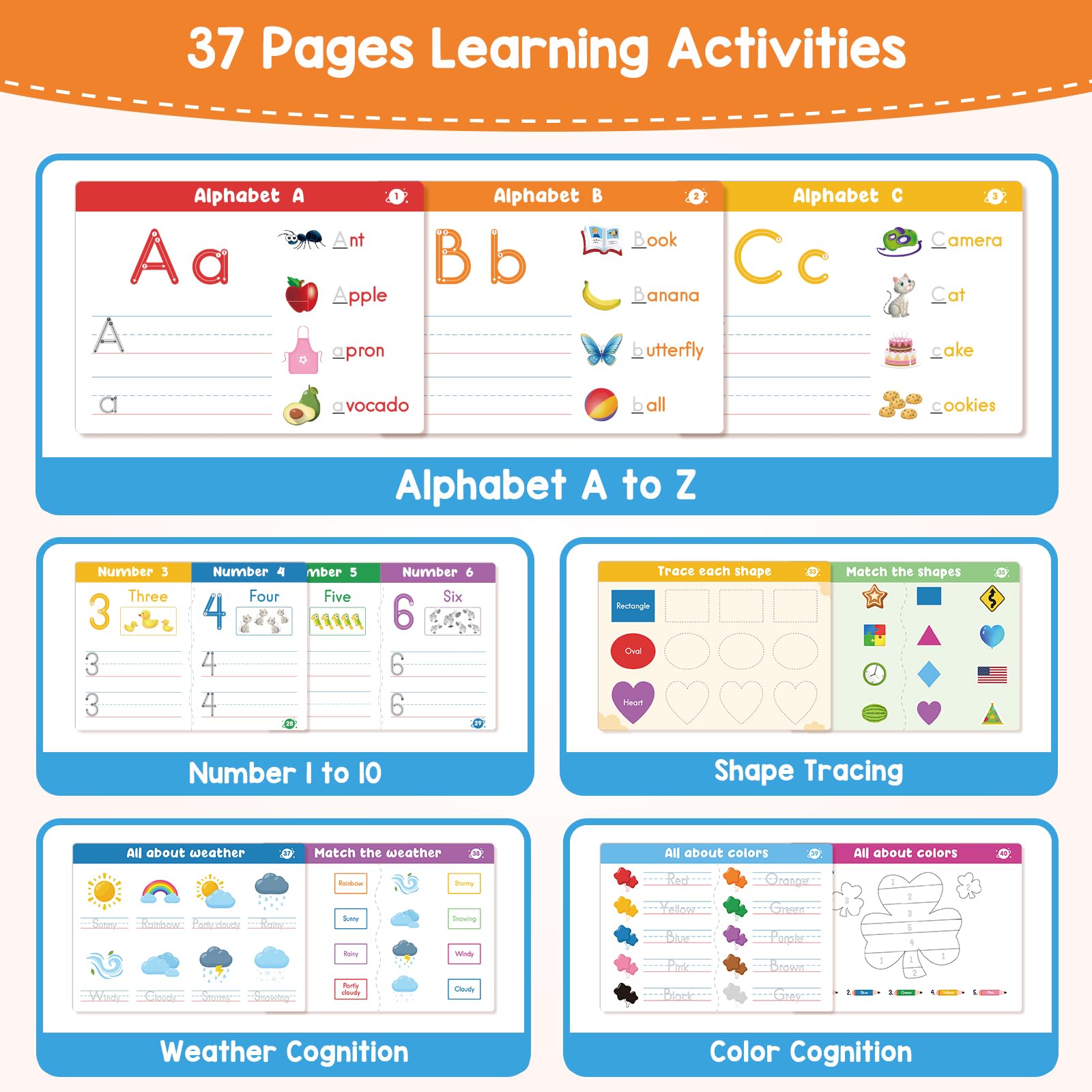 Toddler educational workbook page featuring shapes and colors recognition tracing activities.