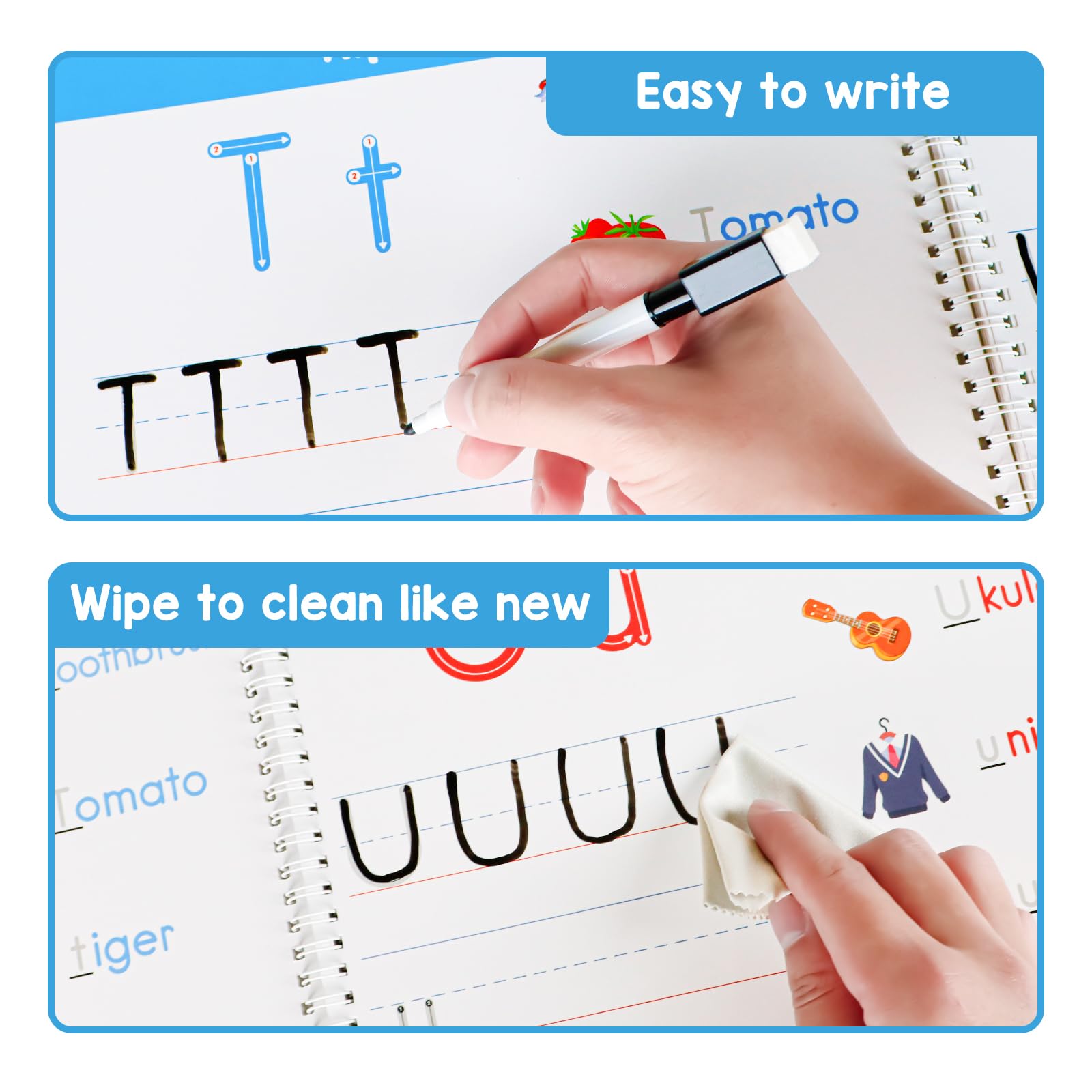 Close-up of a child wiping clean the waterproof pages of the Auchq preschool workbook.