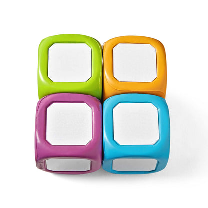 Hand2mind plastic small write-on dice set highlighting the bright blue green red and yellow colors