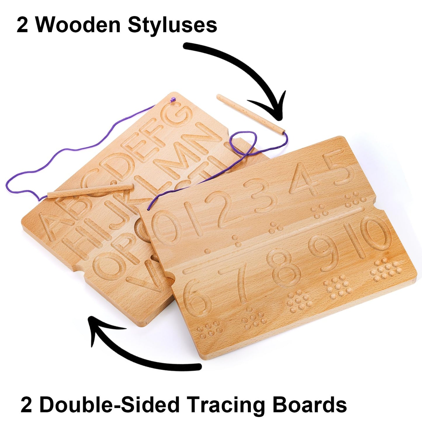 Toddler tracing letters on the Suwimut double sided wooden educational board to learn handwriting