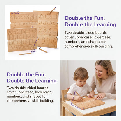 Sensory play setup using dry rice to fill the engraved numbers on the Suwimut tracing board