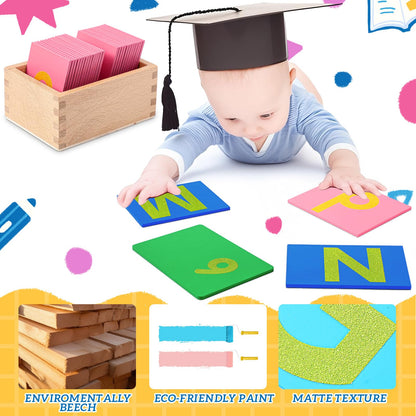 Henoyso muted tone lowercase alphabet wooden cards arranged outside their dedicated storage box.