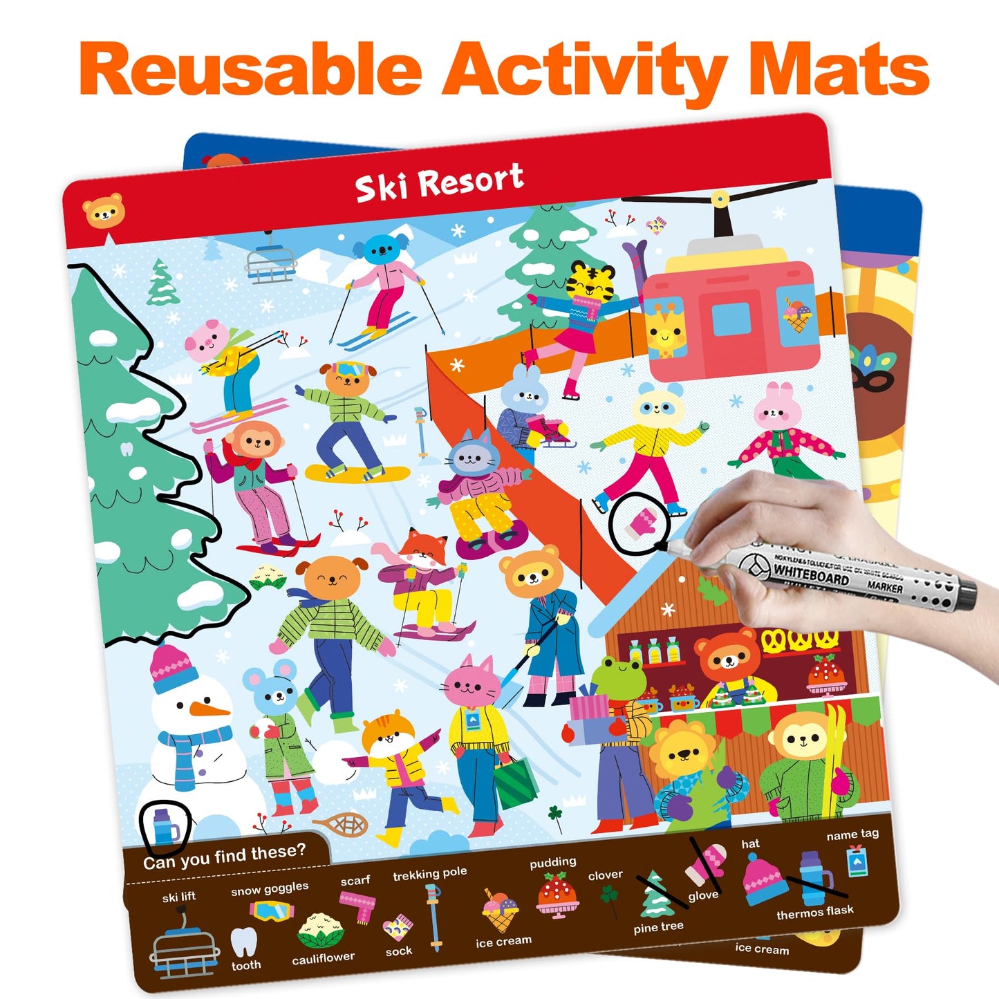 Hulupiggy preschool learning activities showing double sided waterproof mats with farm and beach themes.