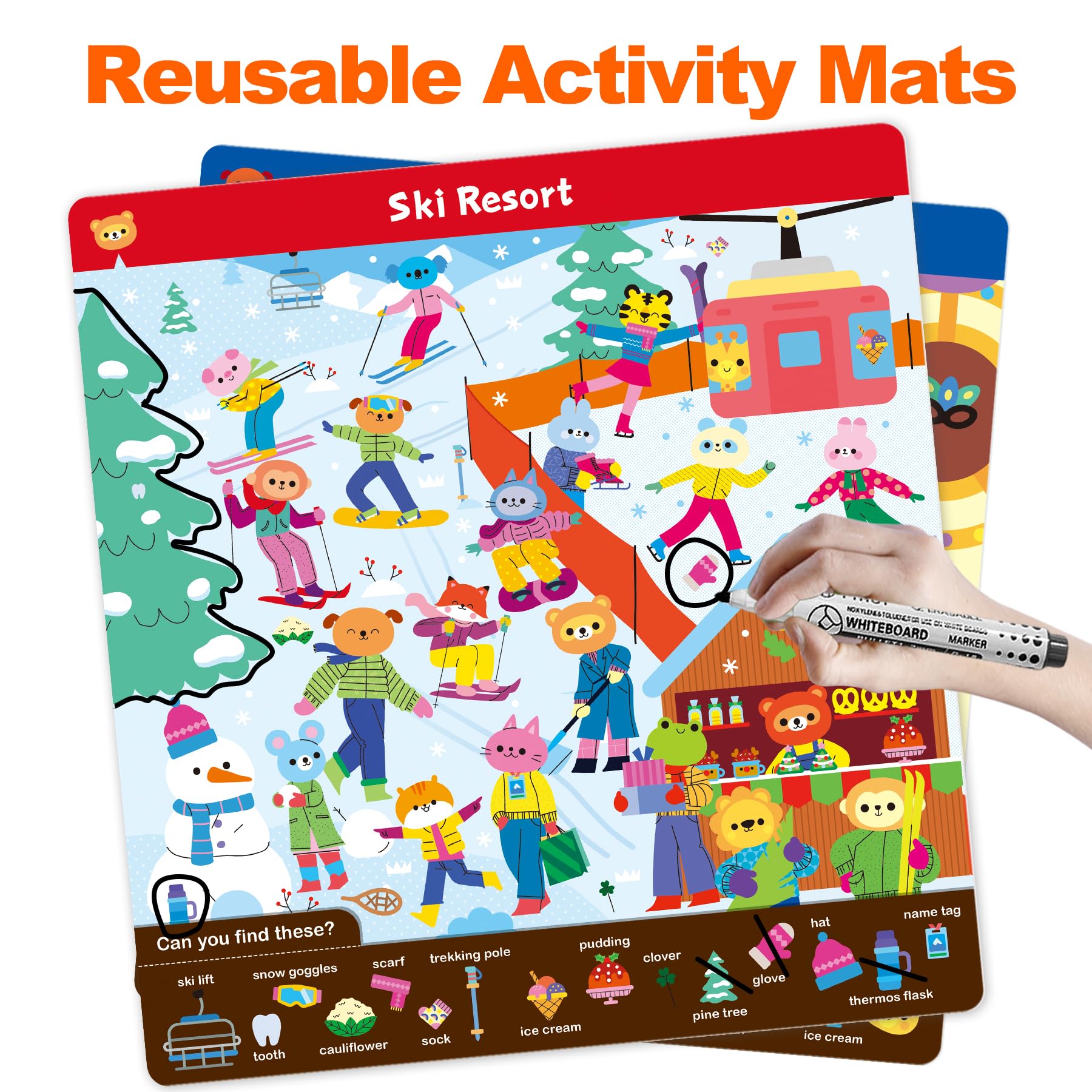 Hulupiggy preschool learning activities showing double sided waterproof mats with farm and beach themes.