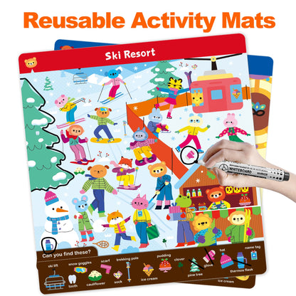 Hulupiggy preschool learning activities showing double sided waterproof mats with farm and beach themes.