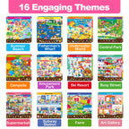Toddler educational search and find kit featuring dry erase markers and colorful sticker sheet.