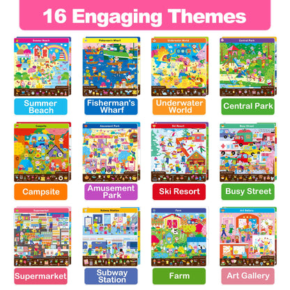Toddler educational search and find kit featuring dry erase markers and colorful sticker sheet.